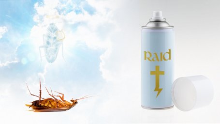 Рейд представляет спрей, наполненный святой водой, который позволяет тараканам креститься и умирать, как христиане