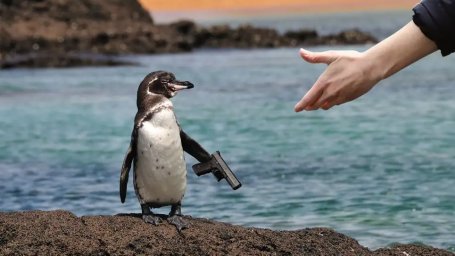 Герой-защитник природы убедил склонного к суициду галапагосского пингвина-cамоубийцу опустить оружие